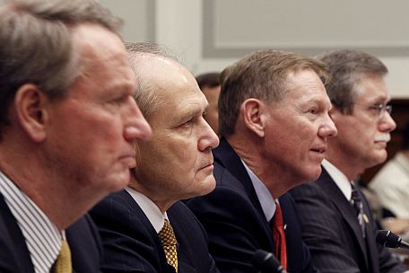 From left, GM CEO Richard Wagoner, Chrysler's Robert Nardelli, Alan Mulally of Ford and Ron Gettelfinger of the United Auto Workers testify on Capitol Hill on Wednesday.